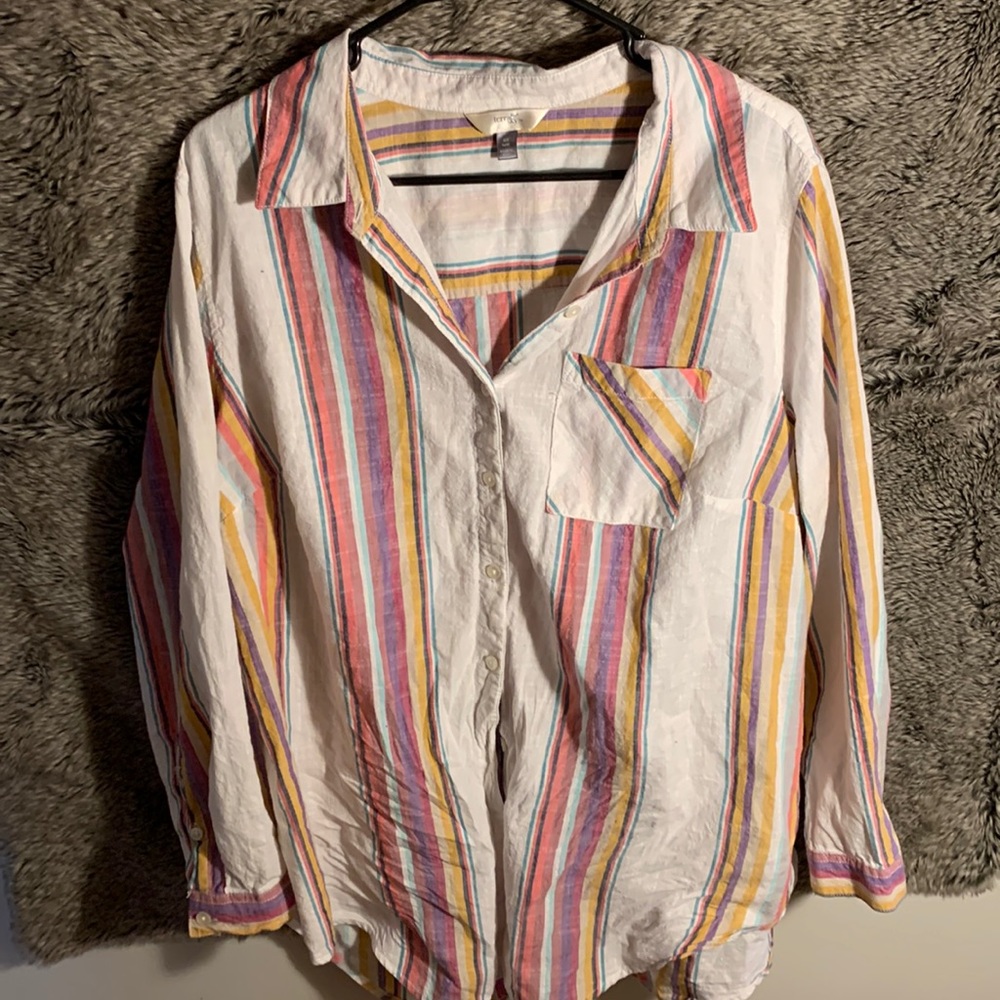 Tara sky 0X button-down, striped colorful shirt